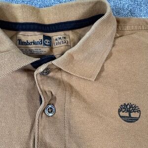 Timberland Boys Polo Shirt Size M 10/12 Tan Wheat Cotton Short Sleeve Logo Top